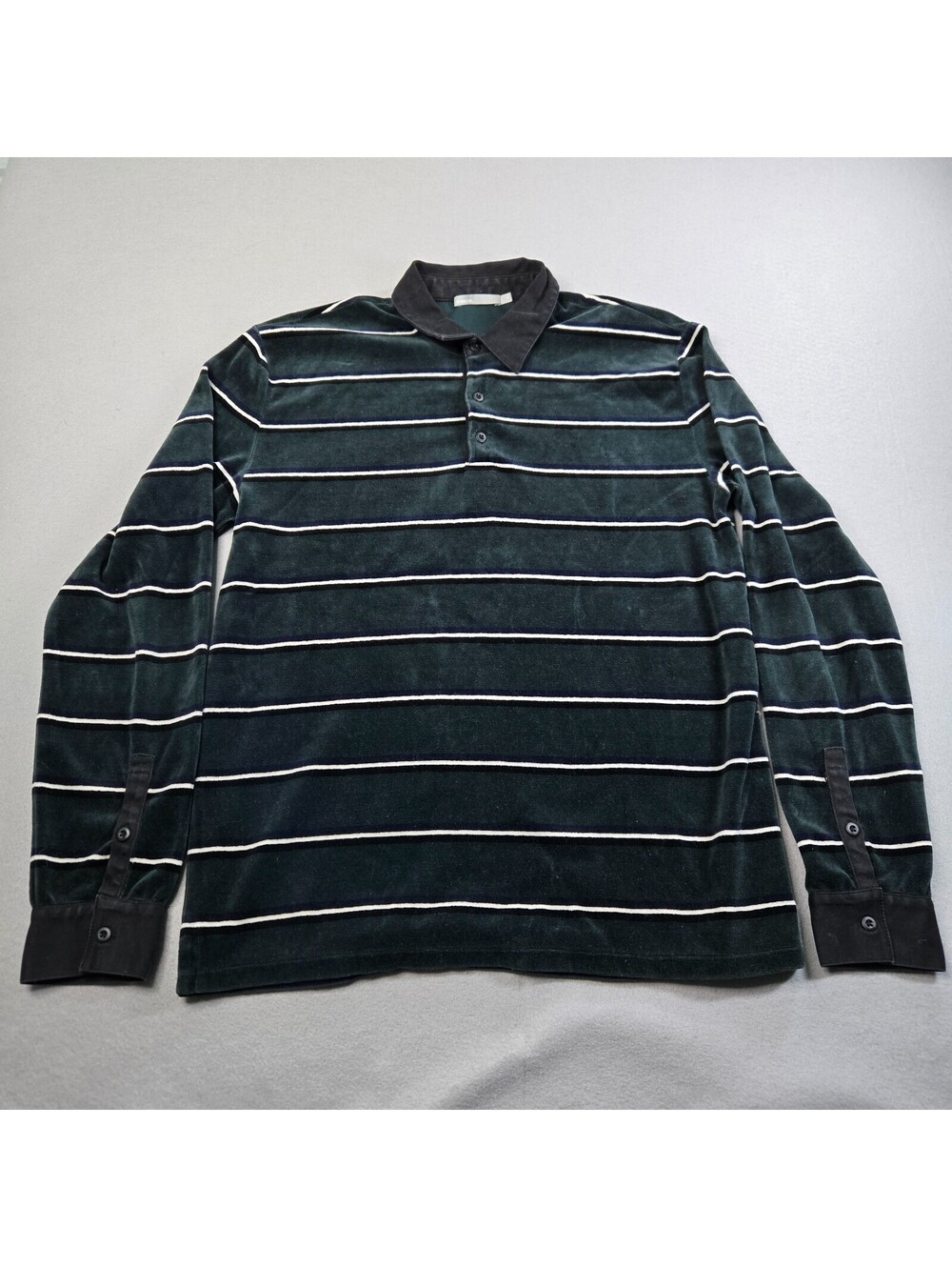 Vince Mens M Dark Green Velour Striped Long Sleeve Rugby Polo Shirt Cotton